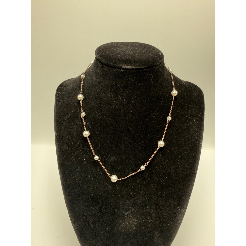 Dainty Copper Tone Station Necklace with White Faux Pearls Adjustable 16-19 Inch
